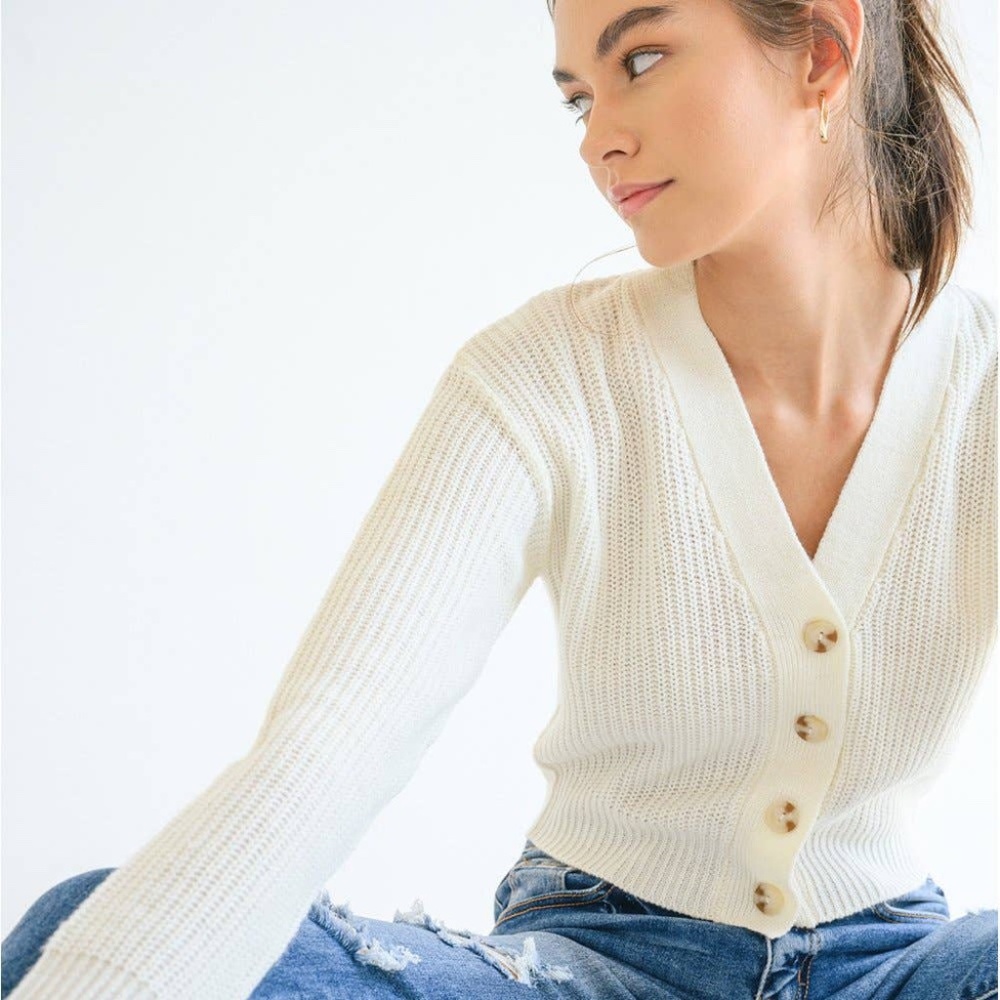 V-Neck Long Sleeve Cardigan Loose Knit Sweater Top